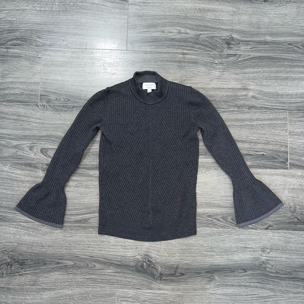 Calvin Klein Women's Dark Gray Mock Neck Bell Sleeve Blouse Size Extra Small
